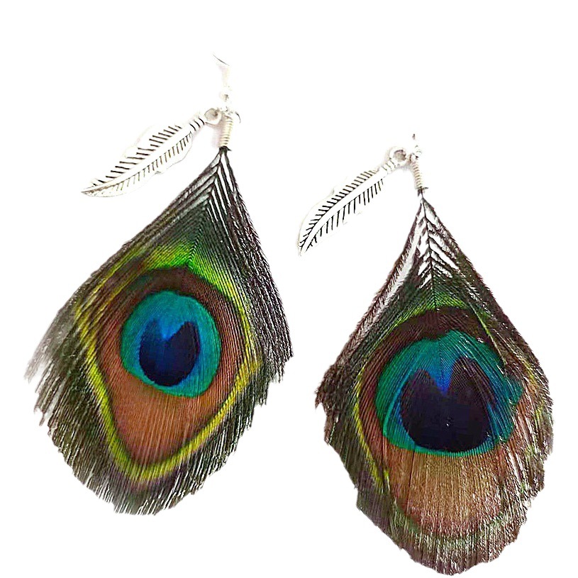 Retro ethnic style peacock feather earrings European and American Foreign Trade Amazon cross-border hot sale metal feather natural feather