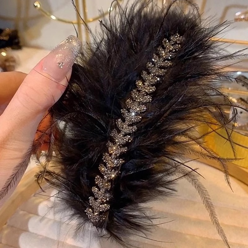 Horquilla de plumas de plumas de pollo de gran tamaño para mujer, clip de agarre de plumas, clip de tiburón de pelo, tocado negro, nuevo estilo 2025