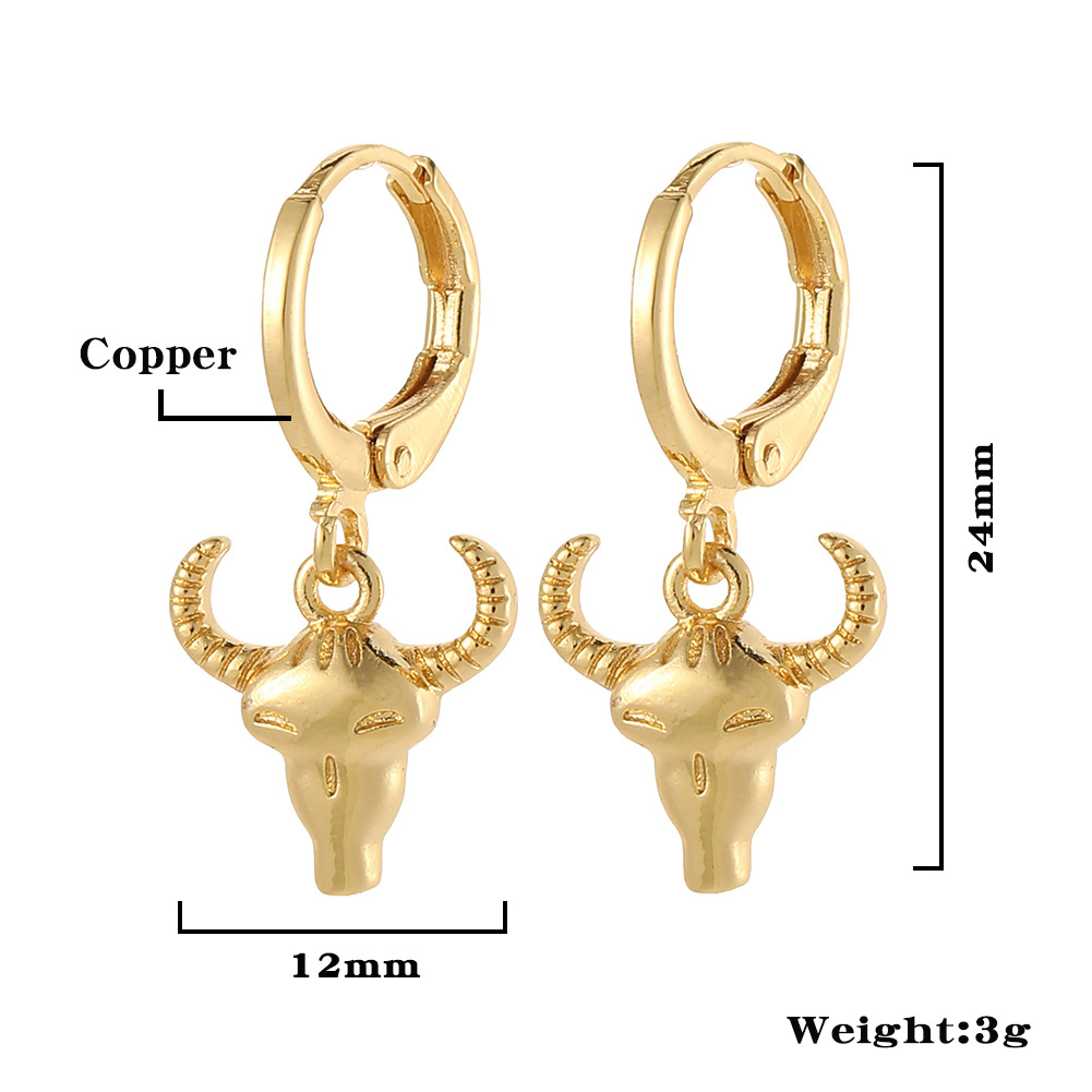 Hip-Hop Bull Head Copper Gold Plated Earrings 1 Pair