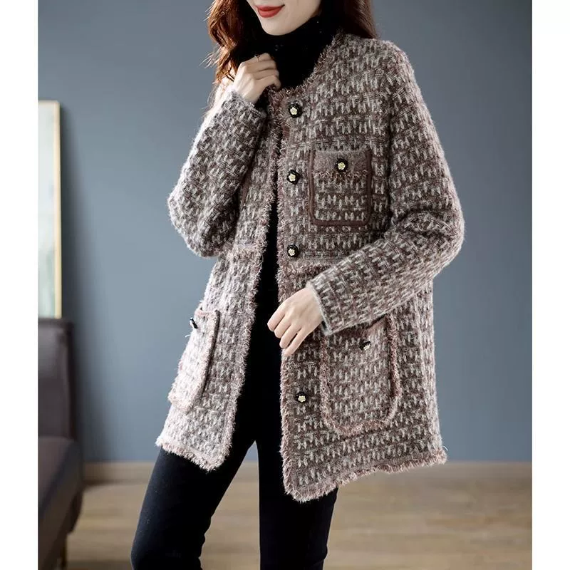Длинная вязаная куртка, модный кардиган, стиль Chanel, средняя длина, плюс размер