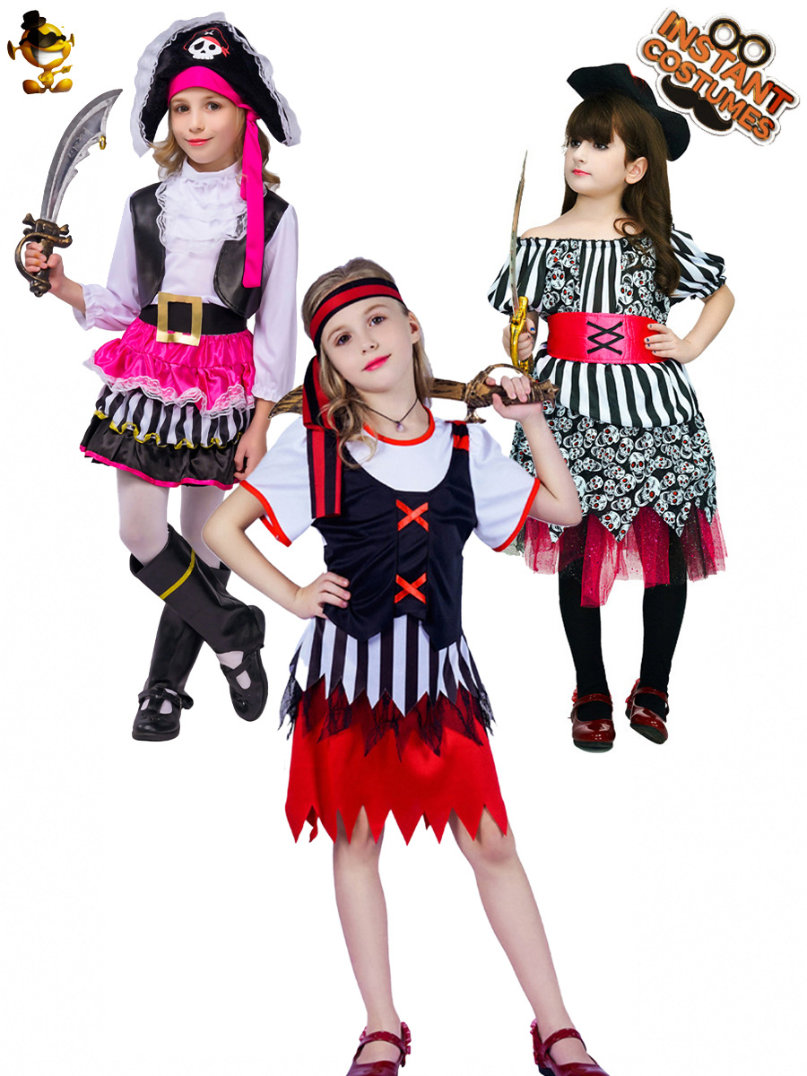 Halloween niños niña a rayas pirata princesa rendimiento traje niñas pirata fiesta traje de rendimiento