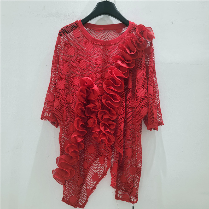 Jacquard estereoscópico hueco suelto gran tops de manga corta, camiseta de malla única de alta calidad para mujeres