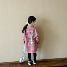 2025春季新款女童格子长袖衬衫韩版儿童洋气中长款百搭蝴蝶结外套
