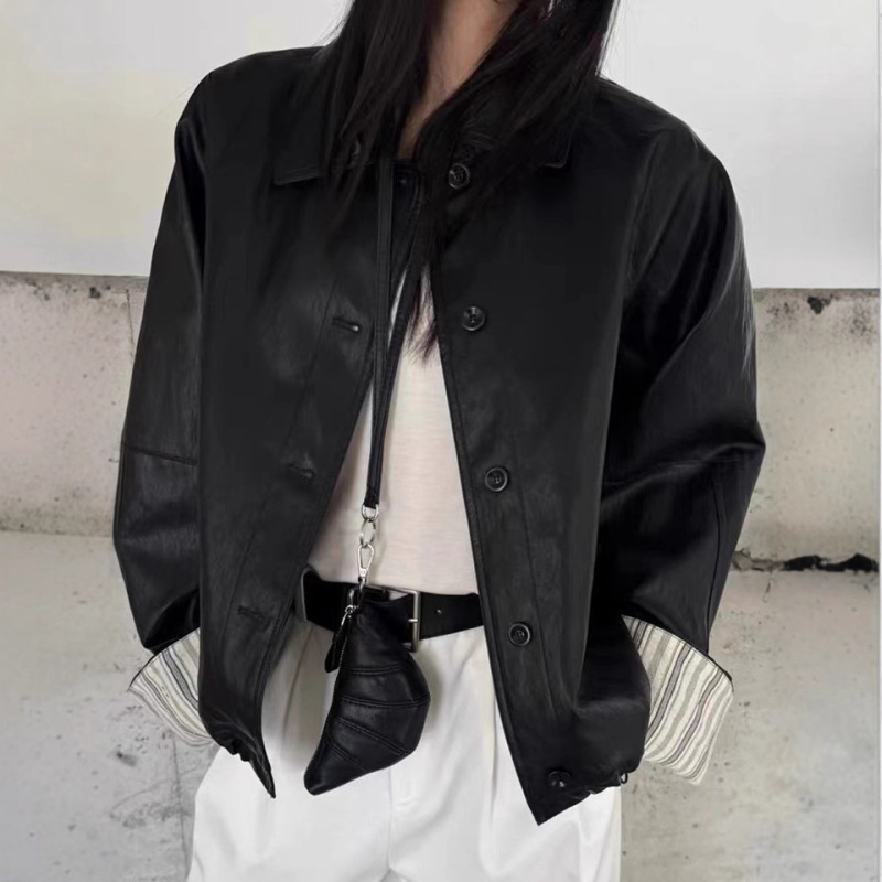 韩系拼接休闲短款PU皮外套女2025春秋新款设计感翻领软皮夹克上衣|undefined