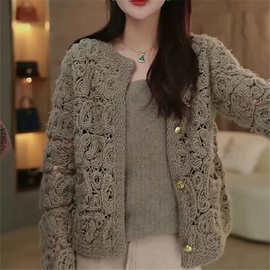 常年有货S家2025秋冬女装新款重工手钩圆领长袖纯色羊毛针织开衫