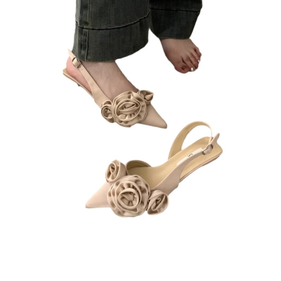 Punta estrecha francés flor negro cerrado dedo del pie Sandalias Zapatos de hadas 2024 nueva primavera y verano de la tarde de las señoras zapatos de una sola capa