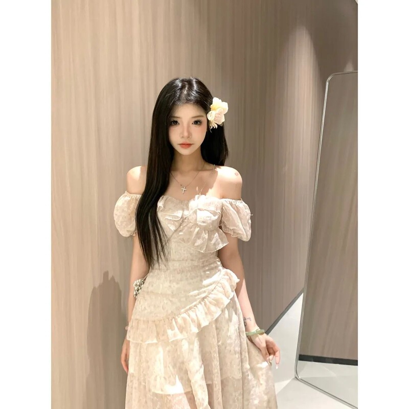 Seven Shrimp Sweet Tea 2.0 Puff Sleeve Dress for Women with Mesh Patchwork and Irregular Design for a Stylish Look