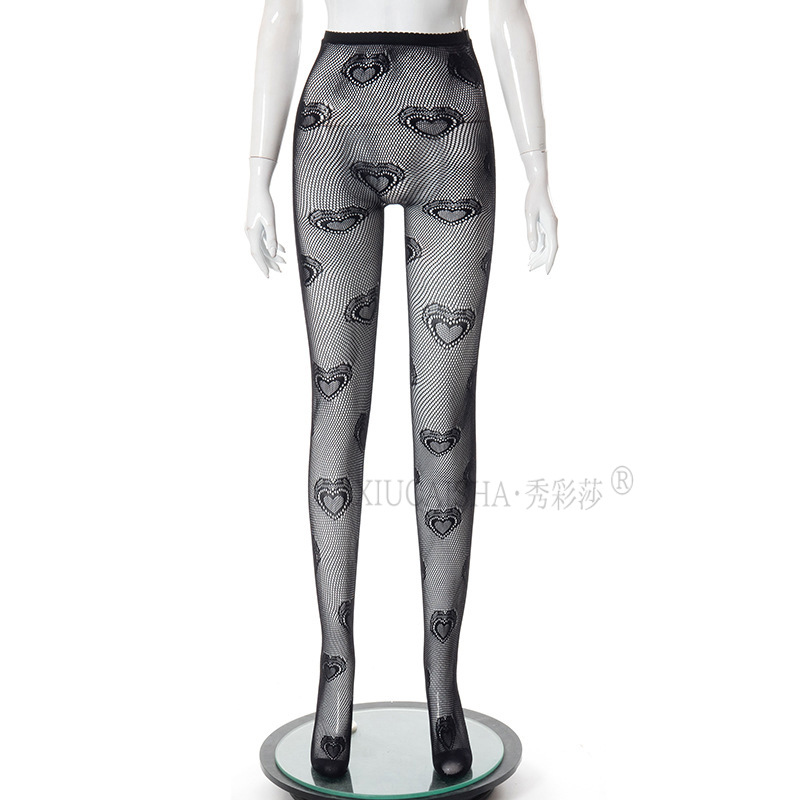 Japanese-Style Fishnet Pantyhose Stockings with Heart Jacquard, Black One Size — detail image 13