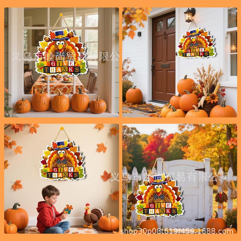 Cross-Border New Product Thanksgiving Door Sign Front Door Wooden Turkey Garland Rustic Wall Sign Thanksgiving Decoration Hanging Autumn