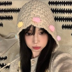 新款川西旅游民族风针织毛线帽女秋冬保暖彩色毛球流苏护耳套头帽