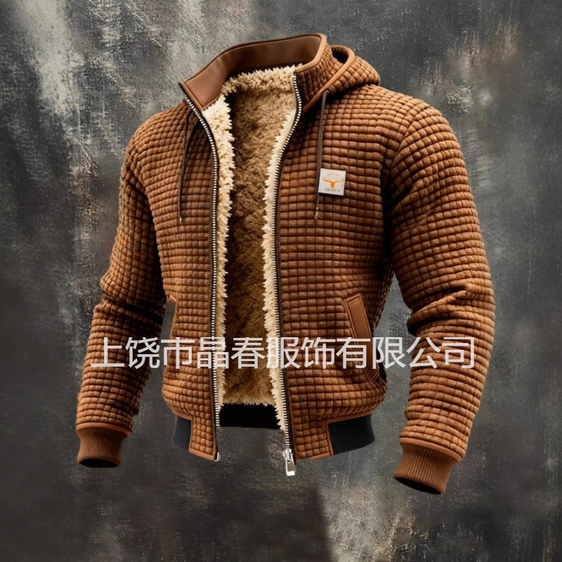 欧美新型爆款秋冬季加绒加厚连帽夹克显身材