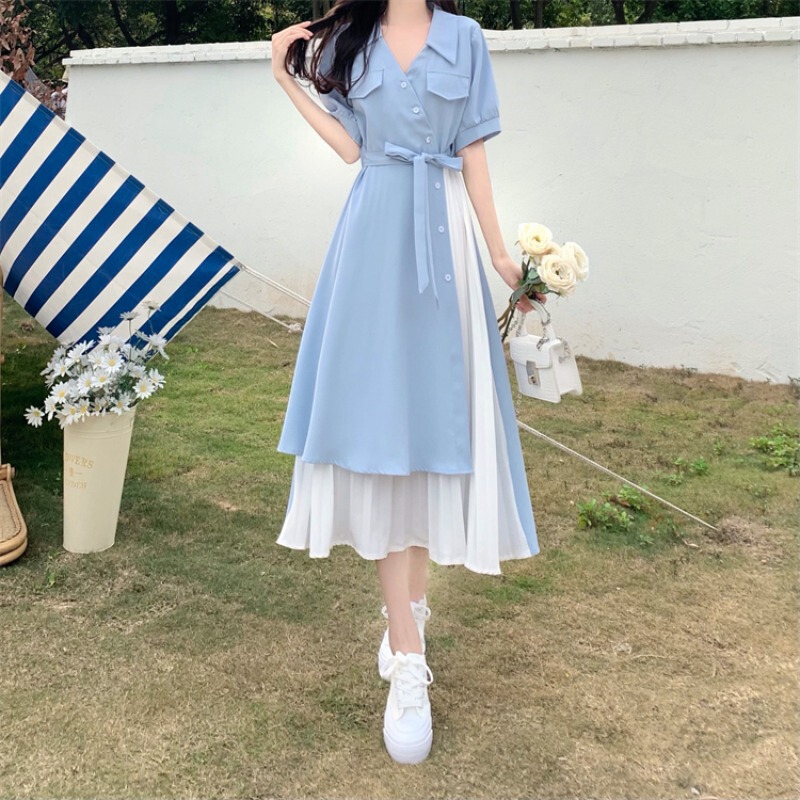Design sense fake two-piece artistic style elegant V-neck shirt dress women's summer French gentle waist long skirt