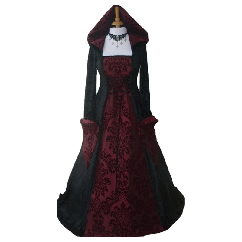 Las mujeres europeas y americanas populares cena medieval con capucha gran swing vestido impreso retro artístico de manga larga con cordones de cintura