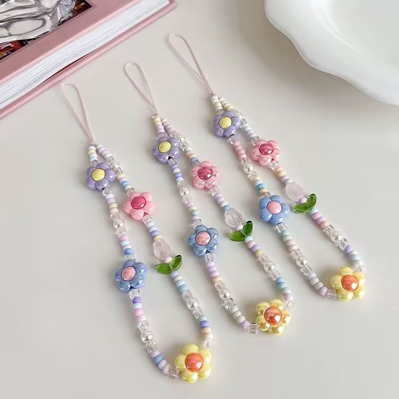新しい甘いINSスタイルチューリップの花ビーズ携帯電話ストラップ女性の小さな赤い本ファッション携帯電話チェーンペンダント|undefined