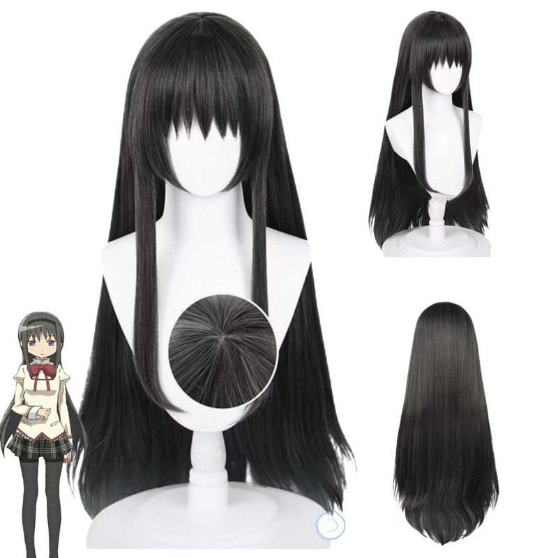 Anime Wig Puella Magi Madoka Magica Akemi Homura Cosplay Wig Black Long Straight Hair Easy to Care for Button Net