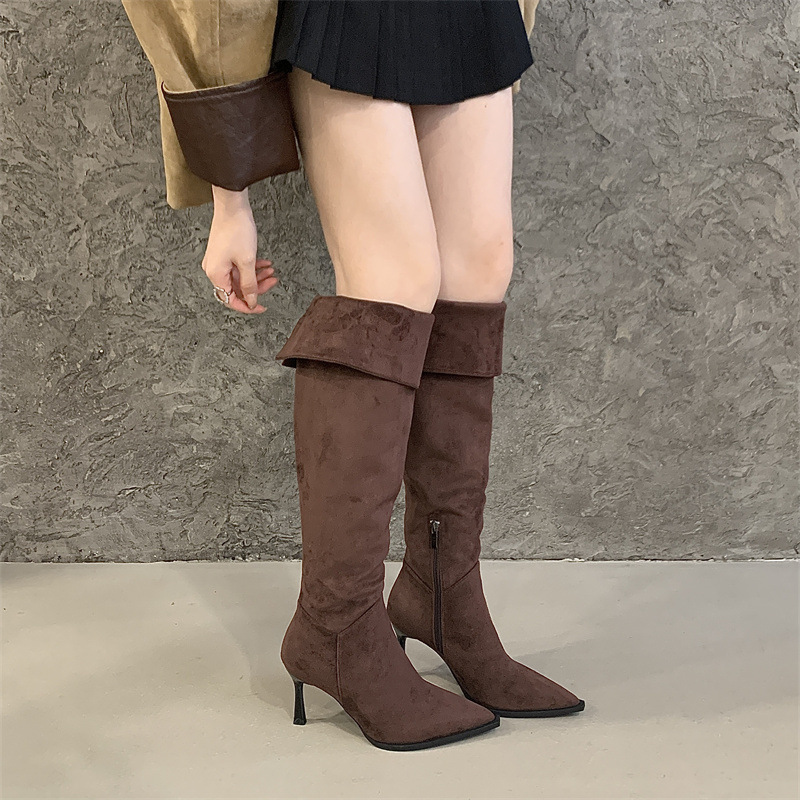 2025 Over-The-Knee Boots with Long Legs, Pointed Toe, High Heels, Belt Buckles, Multiple Wear Side Zippers, Pleated Piles Boots, High Boots
