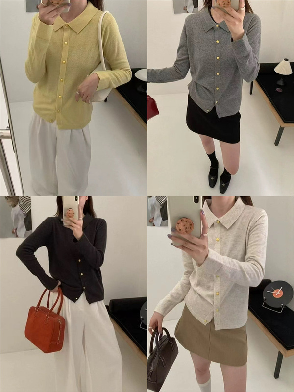 5% Sheep Wool Raccoon Gold Button Lapel Knitted Cardigan Women's Long-Sleeved Polo Collar Top 2025 Autumn and Winter