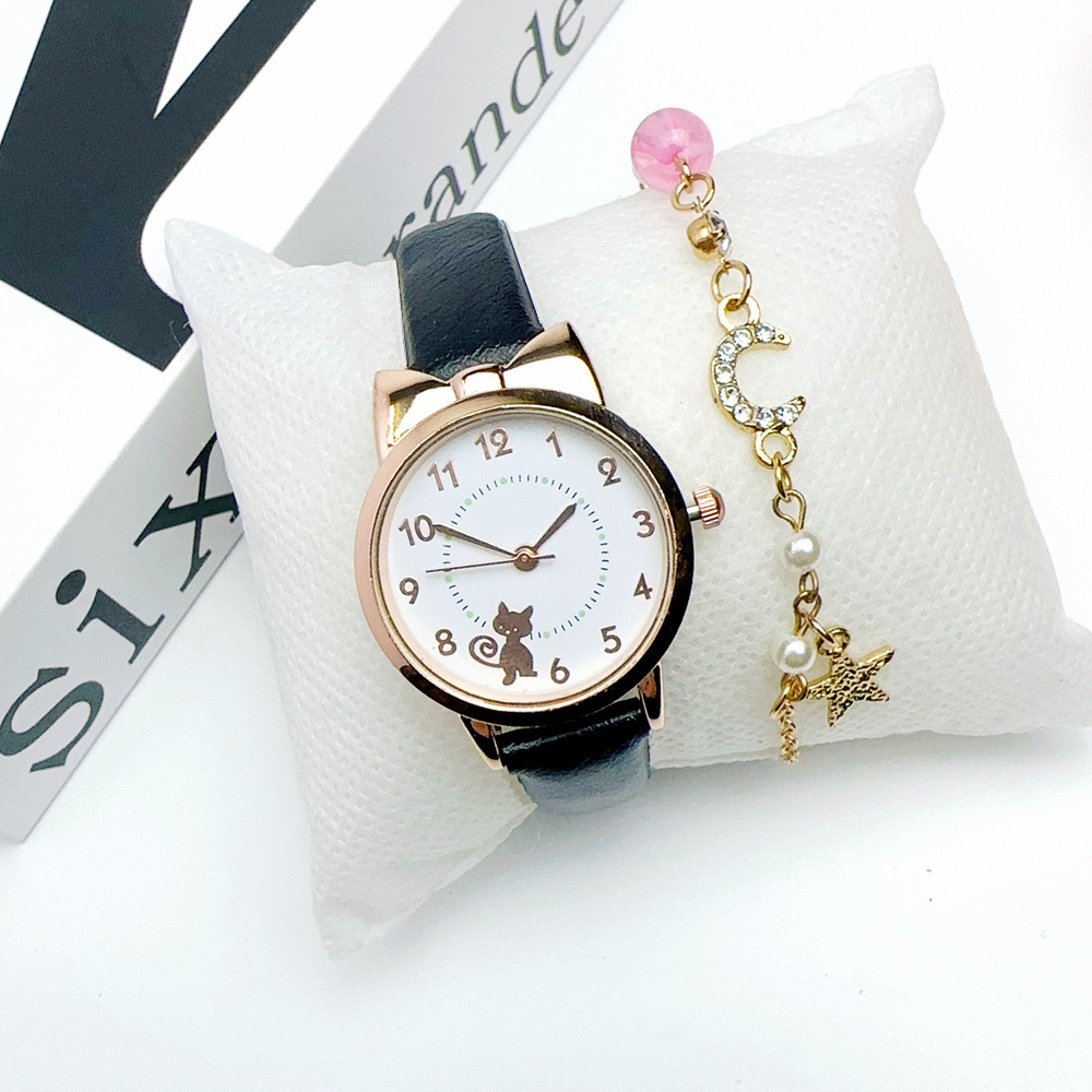 Jauns Instagram sieviešu, svaigs un jauks kaķu studentu kvarca pulksteņa rokassprādzes komplekts ar mēness_voghion.com