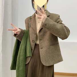 韩系复古棕色西装毛呢外套女秋冬季新款感小个子短款呢子大衣