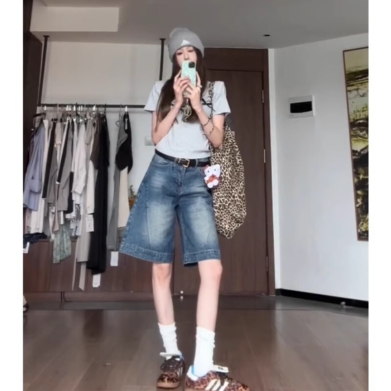Vintage Hot Girl Five-Point Denim Shorts for Women, Summer Low-Waist Five-Point Loose Design Straight Wide-Leg Mid-Length Shorts