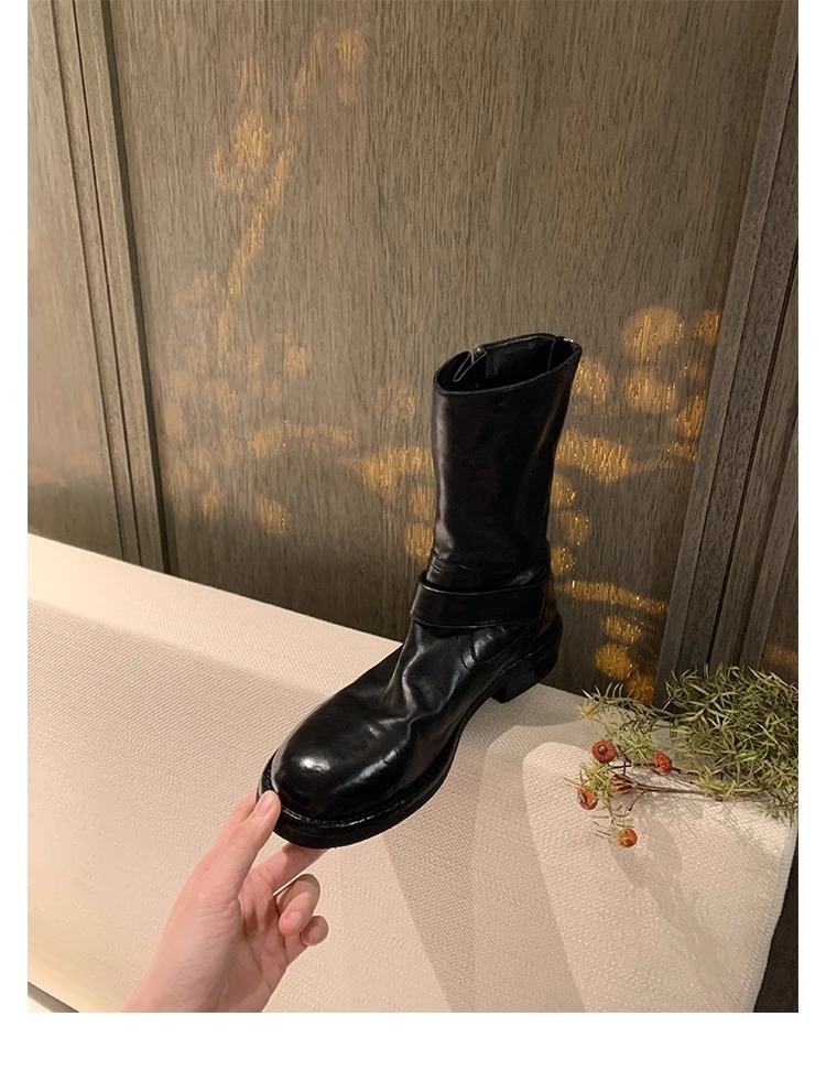 Modisches Schnallendesign, runde Zehenpartie aus Pferdeleder, kleiner dicker Absatz, hohe Absätze_voghion.com