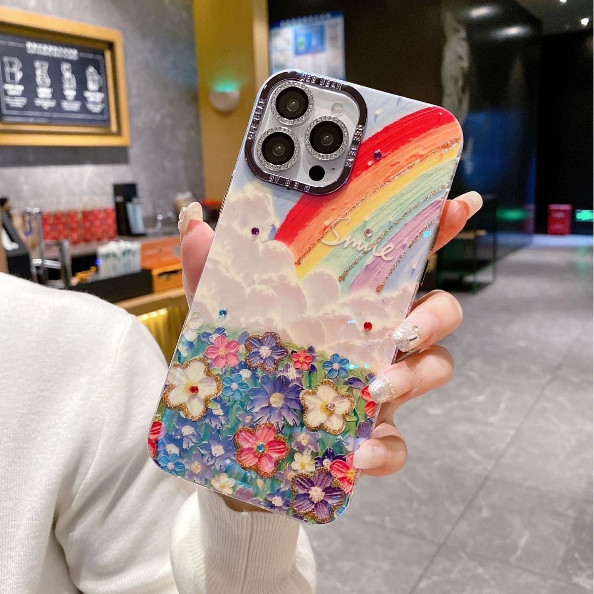 Funda de teléfono con diseño de mar de flores arcoíris y pintura al óleo, con diamantes brillantes, para iPhone 17 Pro Max, 16, Apple 15, 13, de lujo, antigolpes y protectora.
