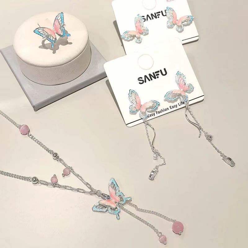 Pink Butterfly Blue Dream Sweet Oil Dropping Butterfly Necklace Women's Light Luxury Niche Earrings Ring Chinese Style Distinctive All-match Earrings