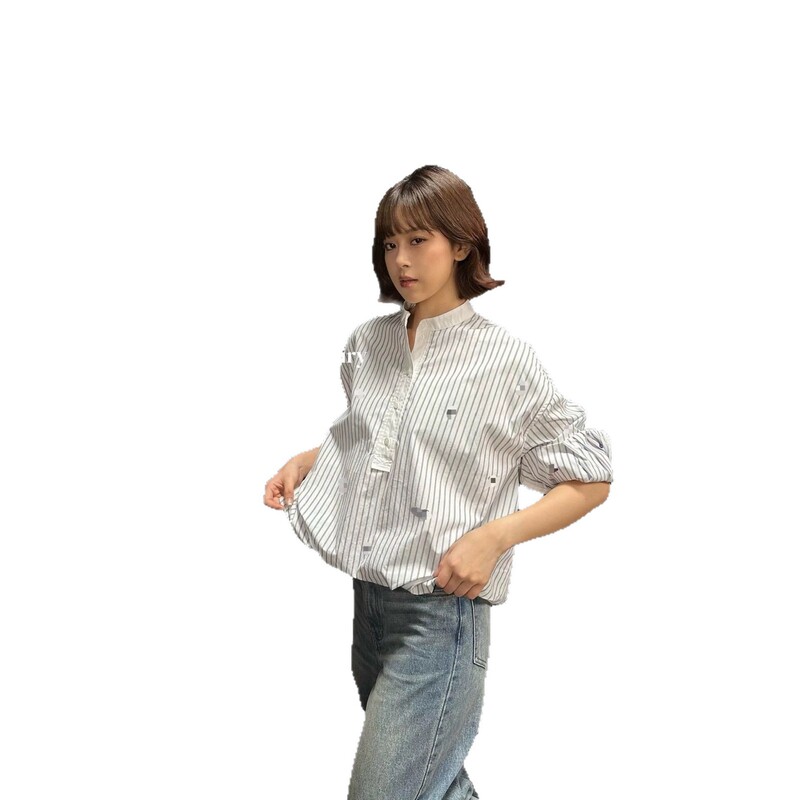 2026 Summer New Style Women's Stand Collar Shirt with White Base, Fine Vertical Stripes, and Small Logo Embroidery 2026 Summer New Style Women's Stand Collar Shirt with White Base, Fine Vertical Stripes, and Small Logo Embroidery