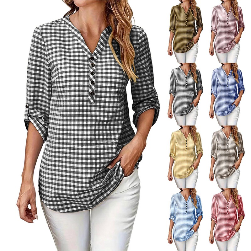 175g European and American cross-border casual loose plaid shirt V-neck long-sleeve top