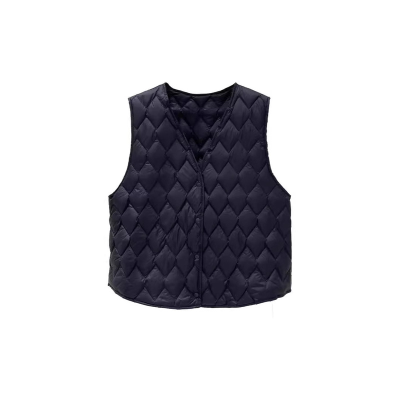 まだ家の服の菱格の羽毛の馬甲の女性の保温の中で軽薄な内胆の2024冬の薄いvネックの短いベストを着ます。|undefined