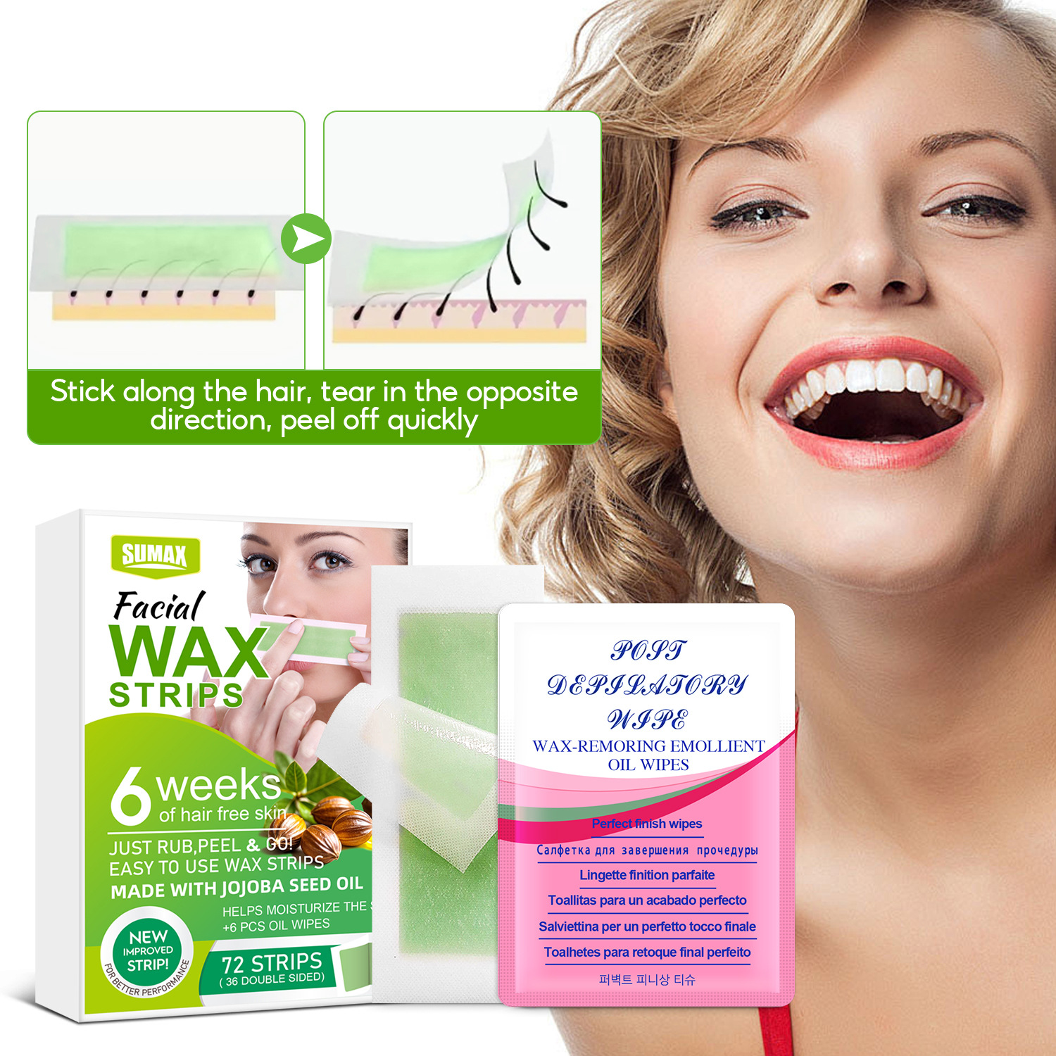 SUMAXクロスボーダー輸出英語包装顔脱毛ワックス紙72pcsグリーンひげ