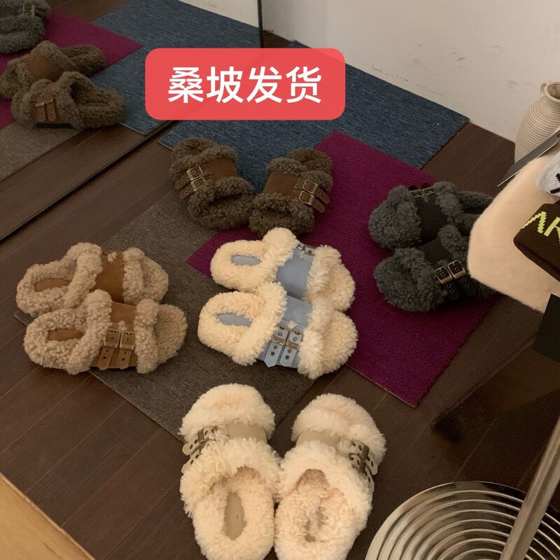 Henan Sangpo Village 2026 new style sheepskin and fur integrated double-buckle curly motorcycle slippers, versatile for home and outdoor use, snow boots Henan Sangpo Village 2026 new style sheepskin and fur integrated double-buckle curly motorcycle slippers, versatile for home and outdoor use, snow boots
