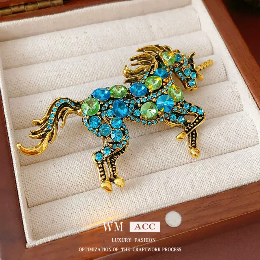 中古vintage镶钻独角兽胸针轻奢高级感别针精致百搭复古夸张耳饰