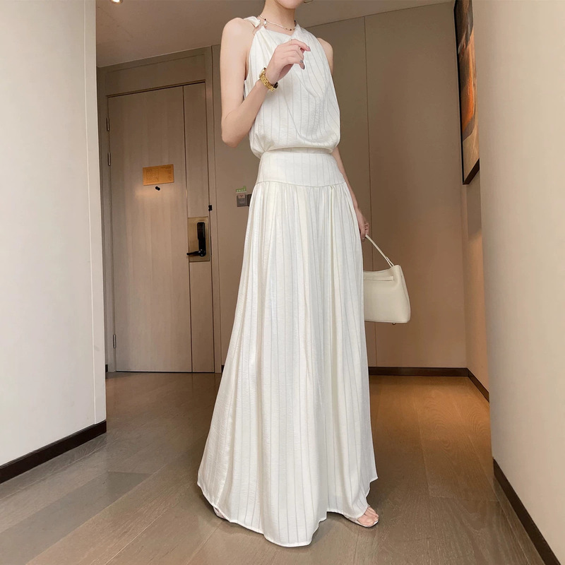 Apricot Fashion Suit for Women 2026 Summer Metal Buckle Camisole Top and Floor-Length Wide-Leg Pants Two-Piece Set
