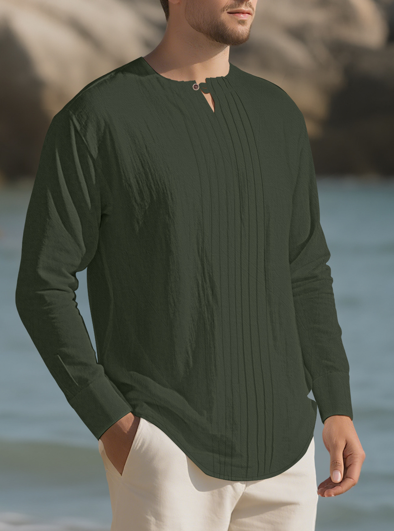Europa y los Estados Unidos transfronterizos Amazon spot cuello redondo de manga larga hombre primavera otoño y verano camisa de algodón suelta