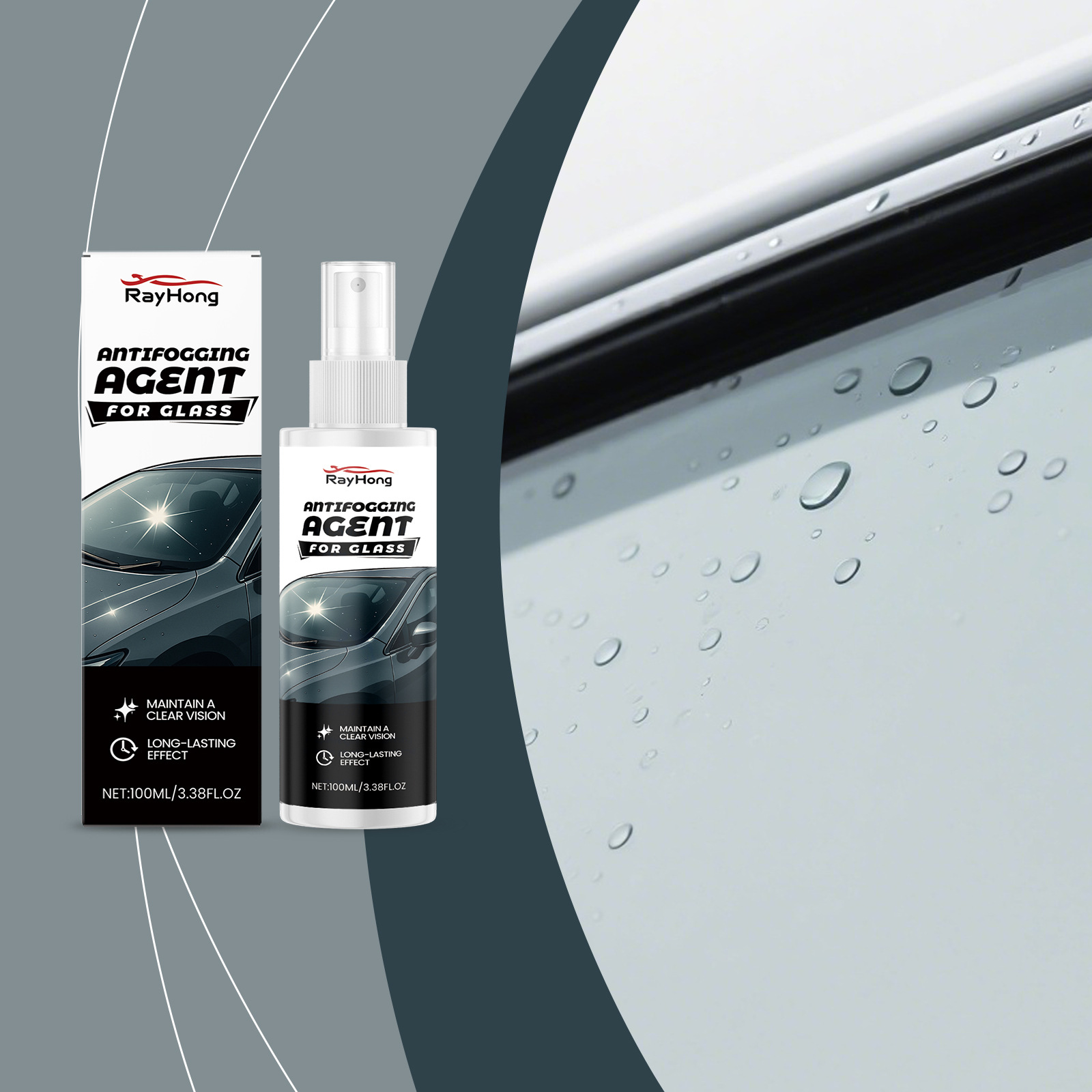 RAYHONG Car Glass Anti-Fog Agent: Cleans and defogges car windows and rearview mirrors, providing clear visibility in rainy weather