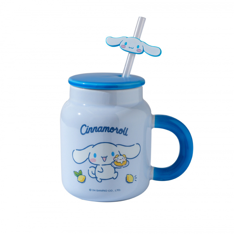 Auténtica taza Sanrio hermosa caja de color con tapa de taza de paja con patrón de dibujos animados taza de cerámica de alto valor facial