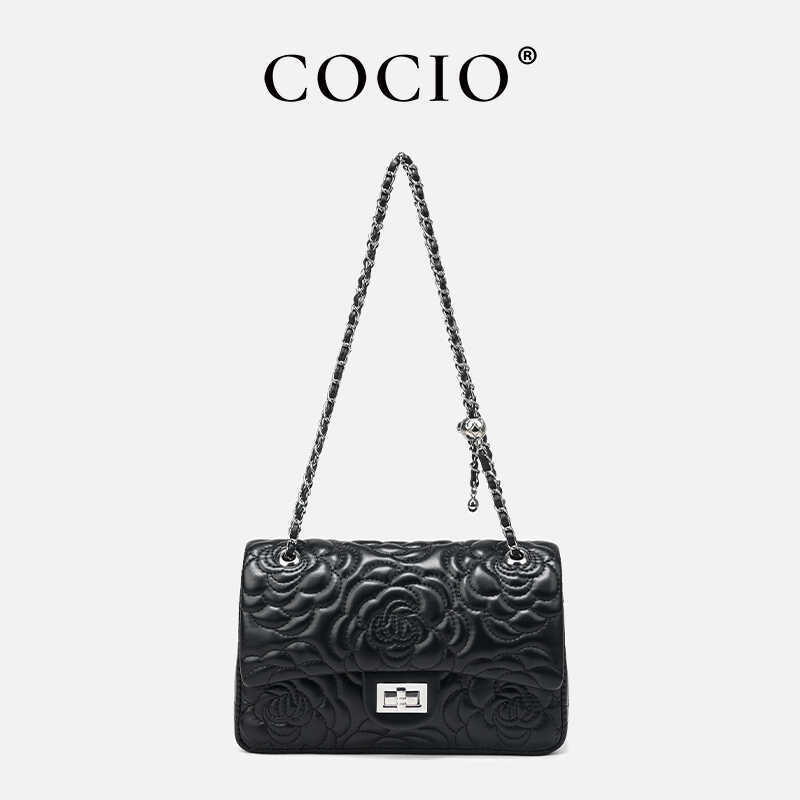 Túi đeo chéo nữ dây xích họa tiết caro phối thời trang CF-255 — Hoa trà màu đen, Màu trắng