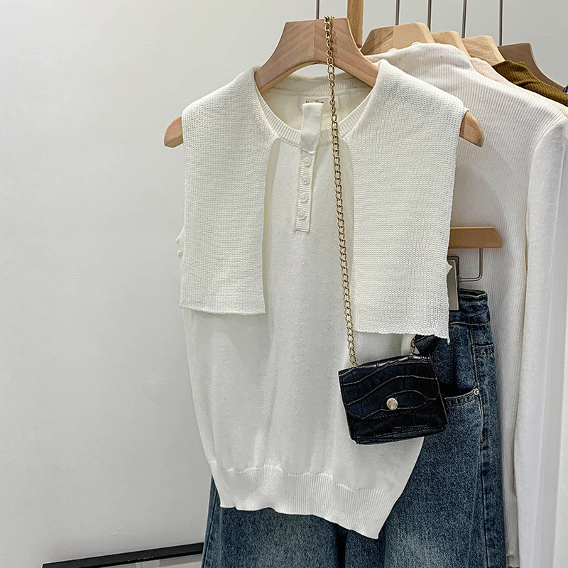 Summer Ootd White Fake Two-Piece Sleeveless Wool Knitted Vest for Women 2025 Summer New Style Short Style Small Top