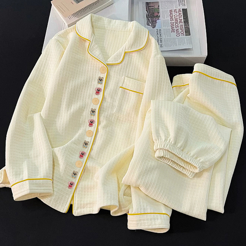 High-Looking Pure Color Waffle Plaid Autumn and Winter Ins Warm Air Cotton Pajamas Women's Home Wear Set Wholesale