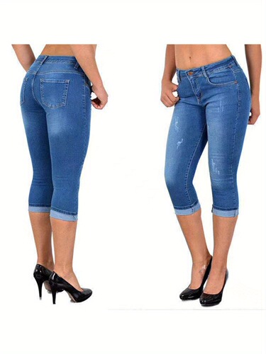 Women's Stretchy Slim Fit Capri Jeans Mid Length Straight