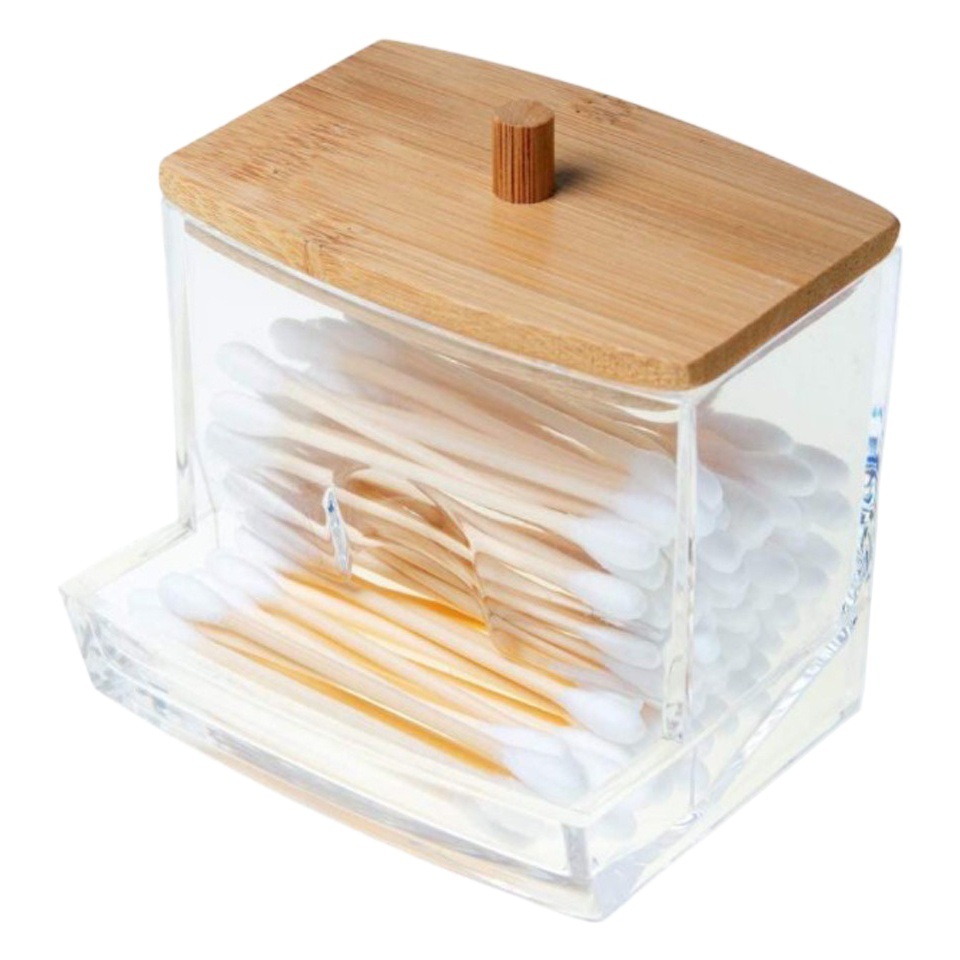 Bambú cubierta de algodón hisopo caja de almacenamiento removedor de maquillaje caja de algodón baño transparente superposición tanque de almacenamiento acrílico bola de algodón caja de polvo