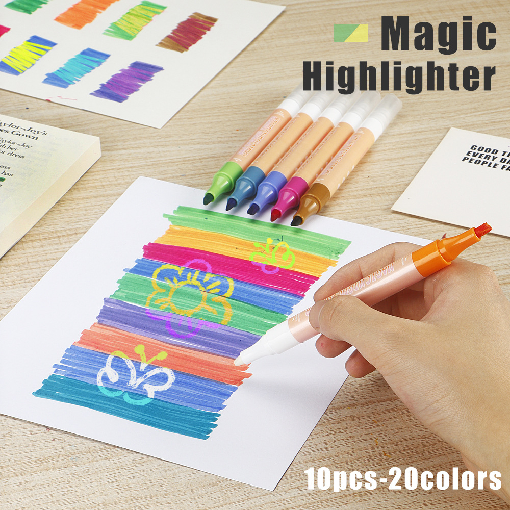 Dos cabezas de resaltador de cambio de color conjunto de estudiantes DIY dibujo interesante marcado trazos puntos marcadores de color al por mayor