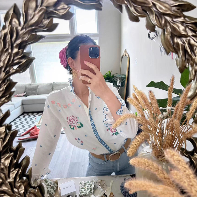 French-Style Niche Autumn and Winter New Retro Cross-Pattern Embroidered Scalloped Ruffle Collar Long-Sleeve Shirt Top for Women