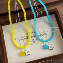 彩色玻璃珠串珠花朵吊坠双层项链女小众清新百搭气质叠戴锁骨链