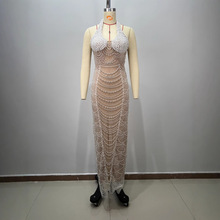 欧美速卖通爆款重工钉珠挂脖性感深V领露背派对酒吧聚会晚礼服女