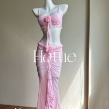 粉色少女心比基尼长裙三件套小胸钢托聚拢沙滩温泉度假分体游泳衣