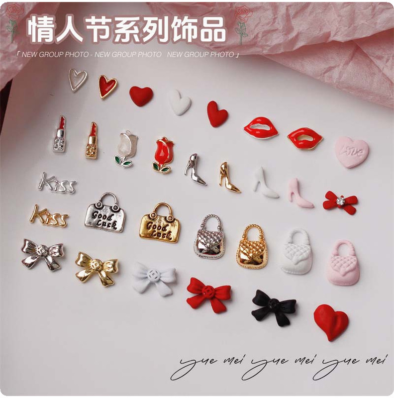 Nail Art Valentine's Day Love Crooked Heart Gold Jewelry Red Rose White Rose Gold KISS Color Preservation Metal Nail Sticker