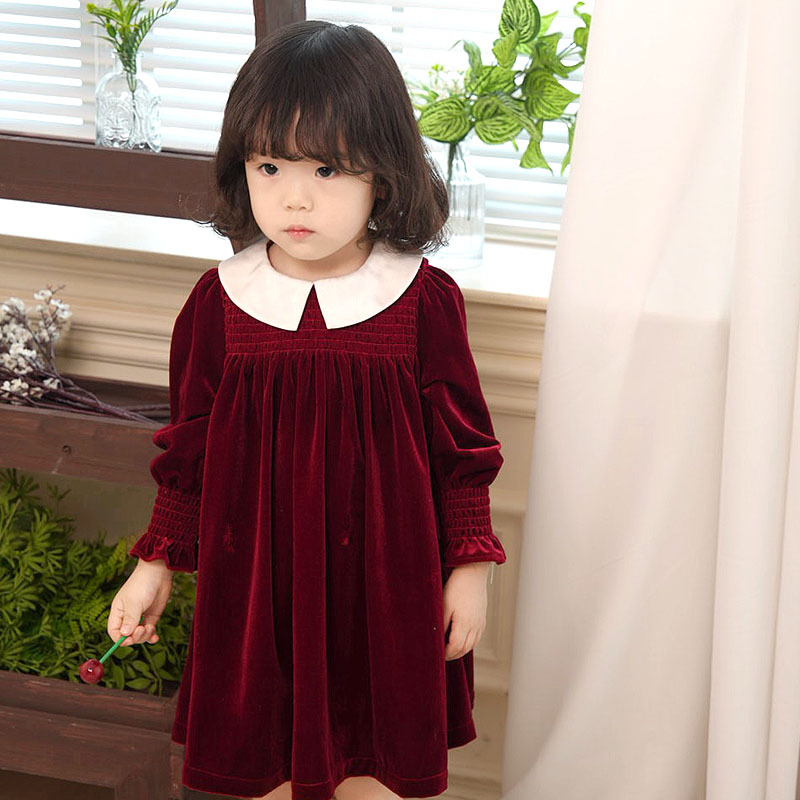 In-Stock Baby Girl New Year Dress 2025 Autumn and Winter New Long-Sleeved Small Lapel Velvet Dress Girl Princess Dress
