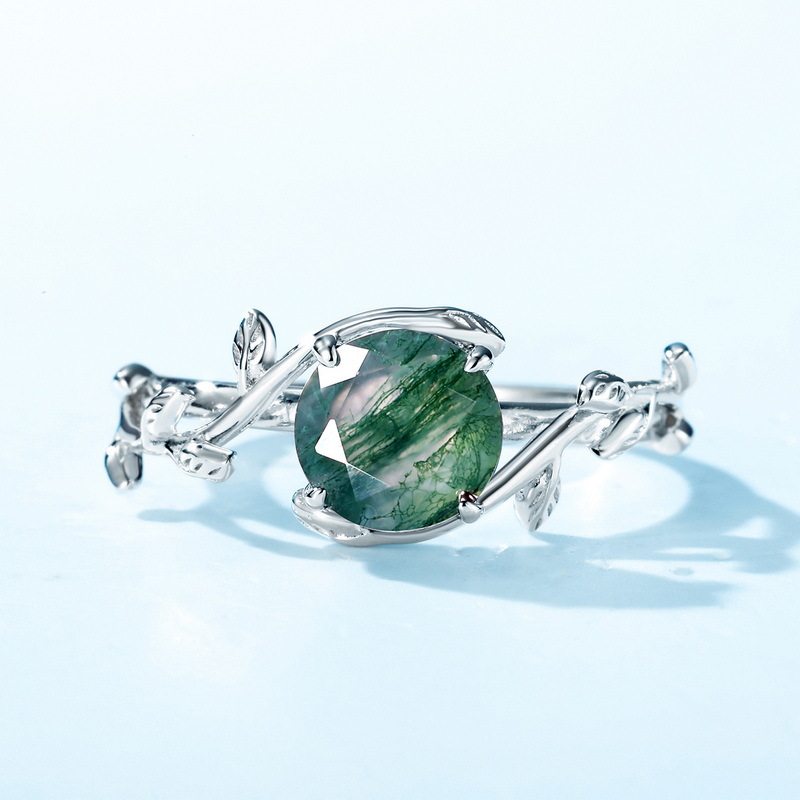 Transfronterizo exclusivo S925 plata verde musgo anillo boca abierta agua hierba ágata dedo anillo moda Luz de lujo estilo europeo y americano Venta caliente